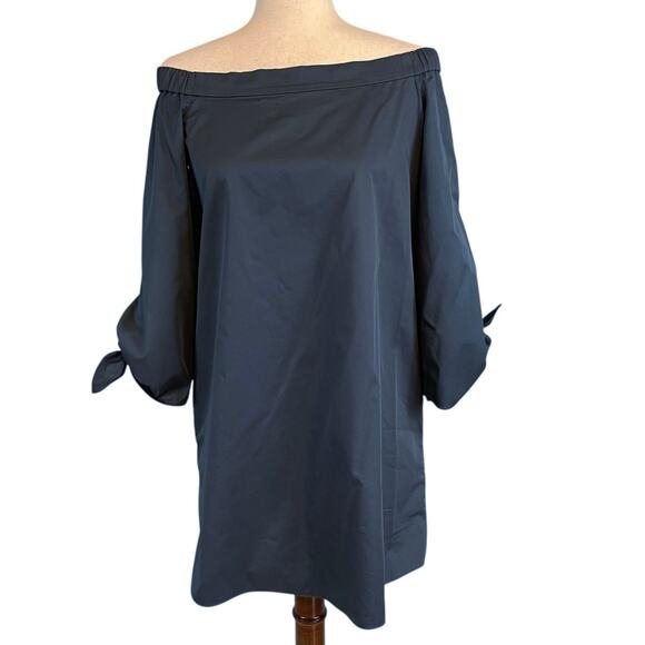 Tibi Off Shoulder Long Tie Sleeve 100% Cotton Shift Dress Navy Size 2 - Picture 4 of 9